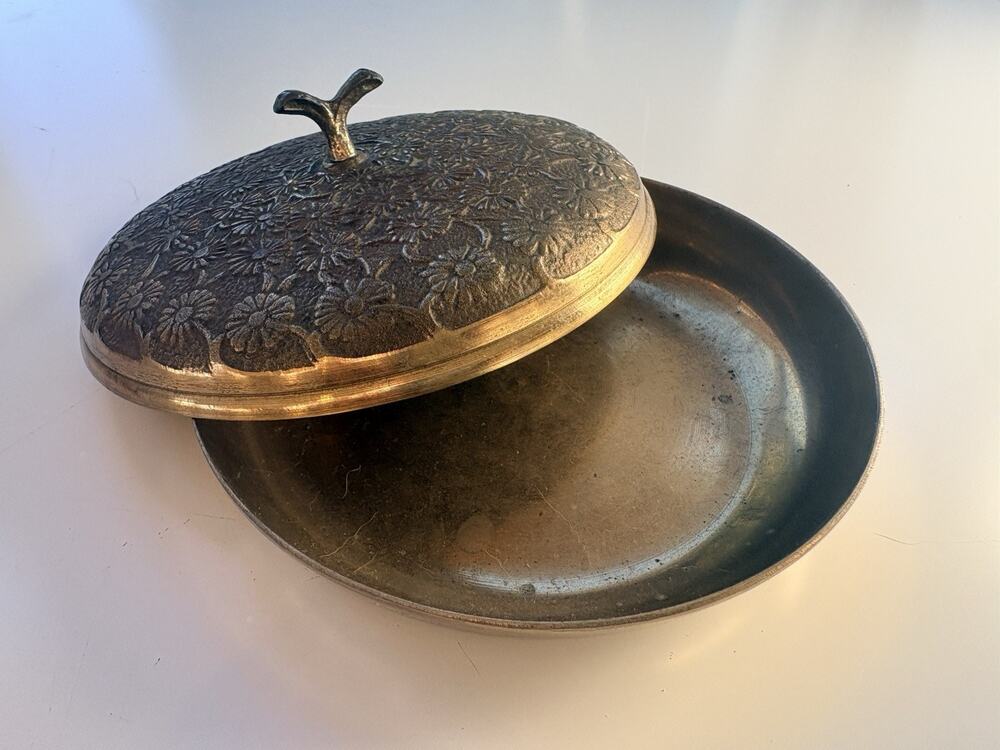 Brass Trinket Dish Powder Tray Floral Whale Tail Handle VTG Korea 6 inch